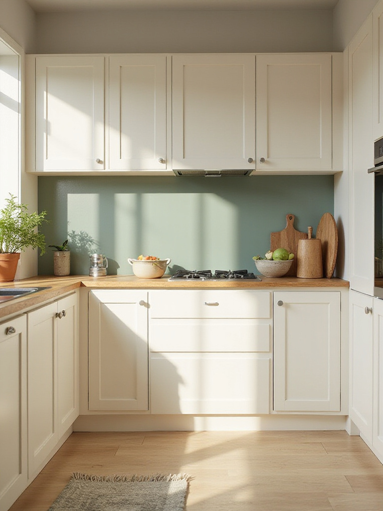 A beautifully arranged kitchen showcasing a perfect color palette for mood and style, featuring light cabinets and a green backsplash.
