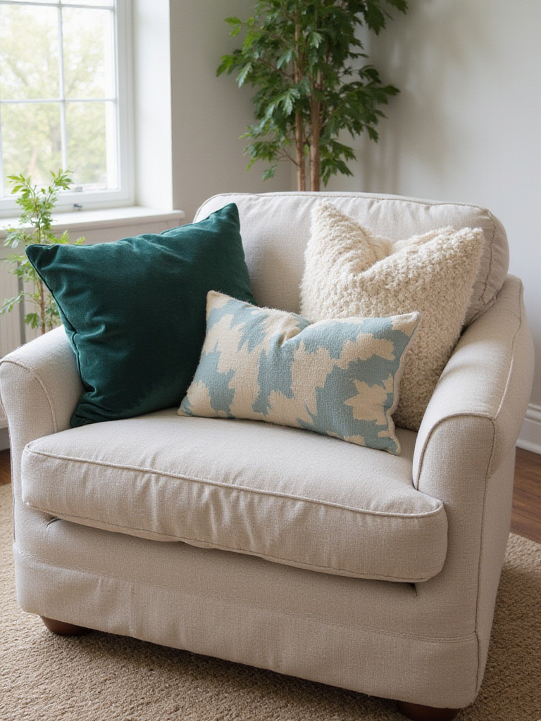 Living room armchair decorated with multiple colorful and textured throw pillows, showcasing comfort and style.