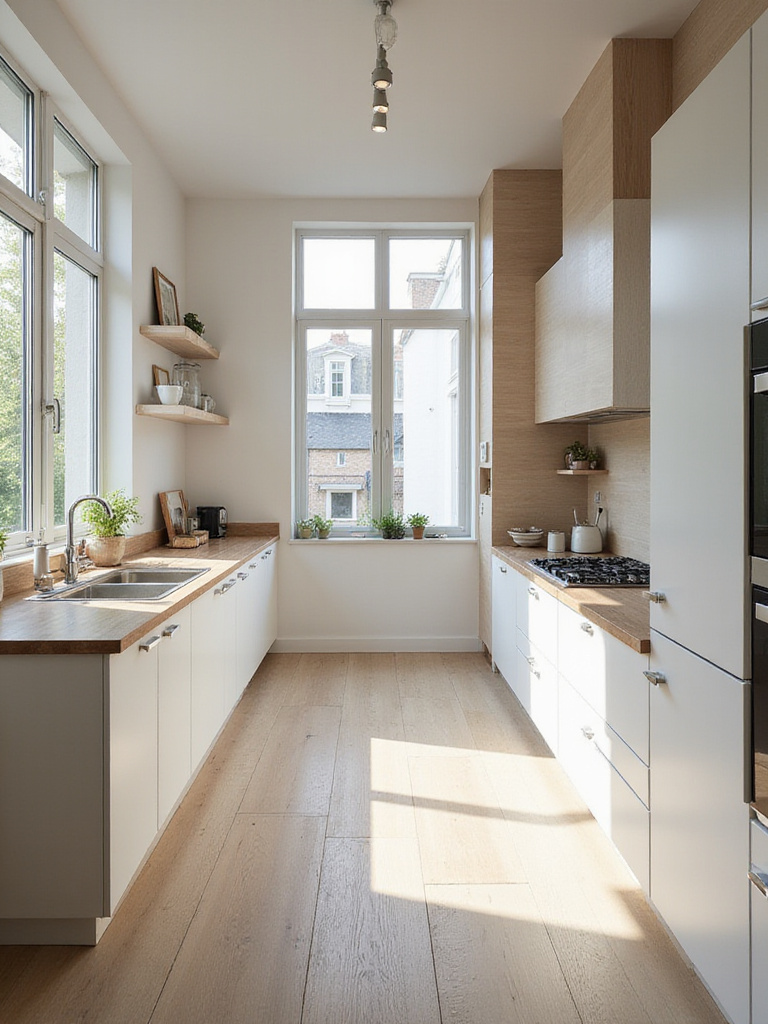 Modern kitchen design showing efficient workflow zones, logical layout, ample prep space, and natural light.