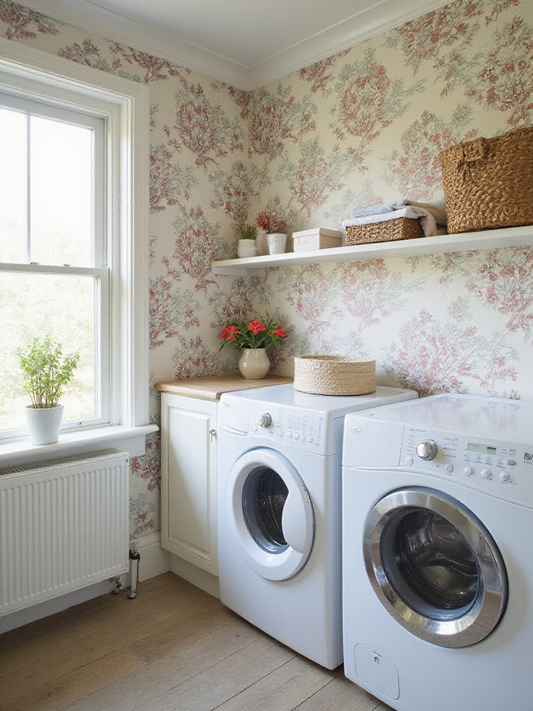 Laundry room with floral wallpaper that hides wall imperfections
