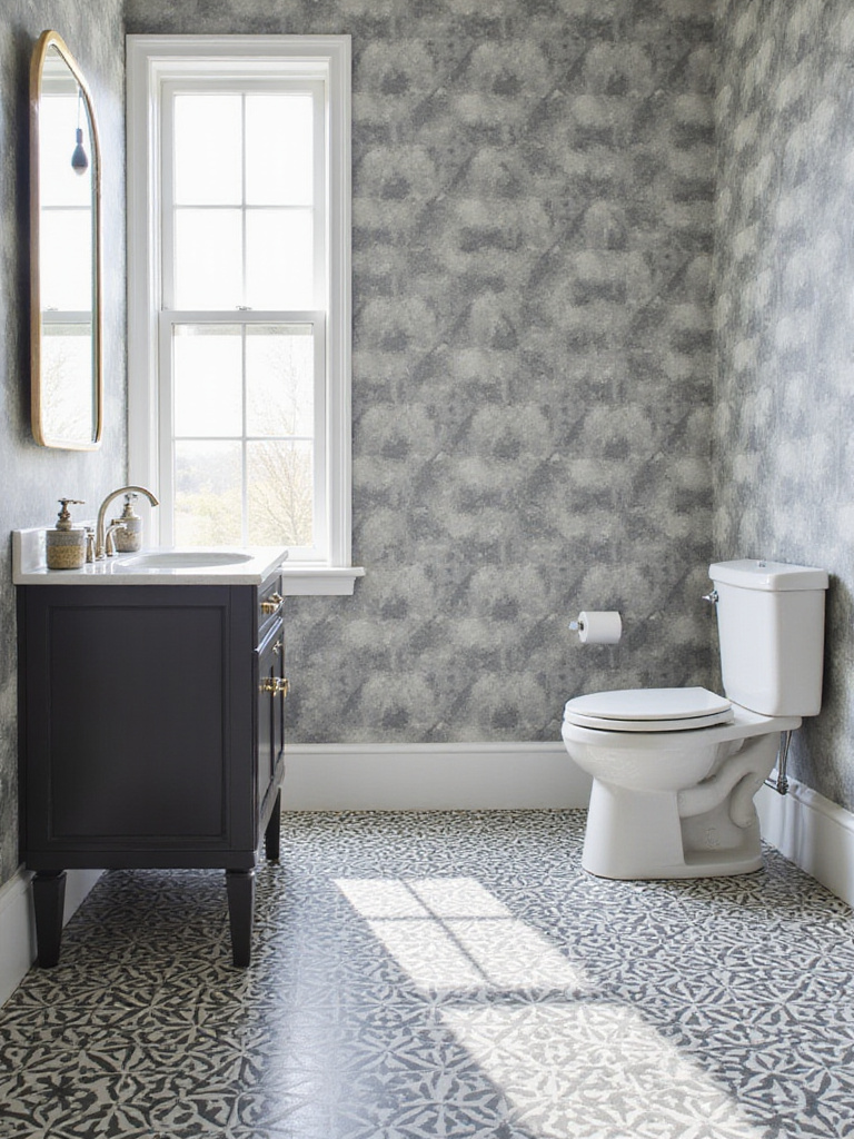 Modern bathroom interior featuring a striking geometric patterned tile floor and a white vanity with a mirror.