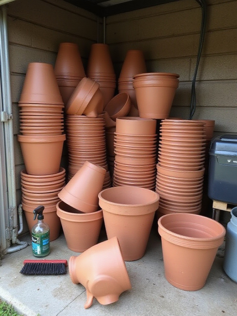 Preparing containers for next season's success by thoroughly cleaning, disinfecting, and properly storing them to prevent pests and diseases.
