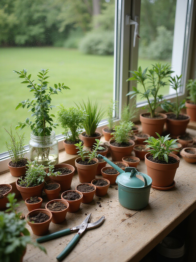 Plant propagation station with cuttings in water and soil.