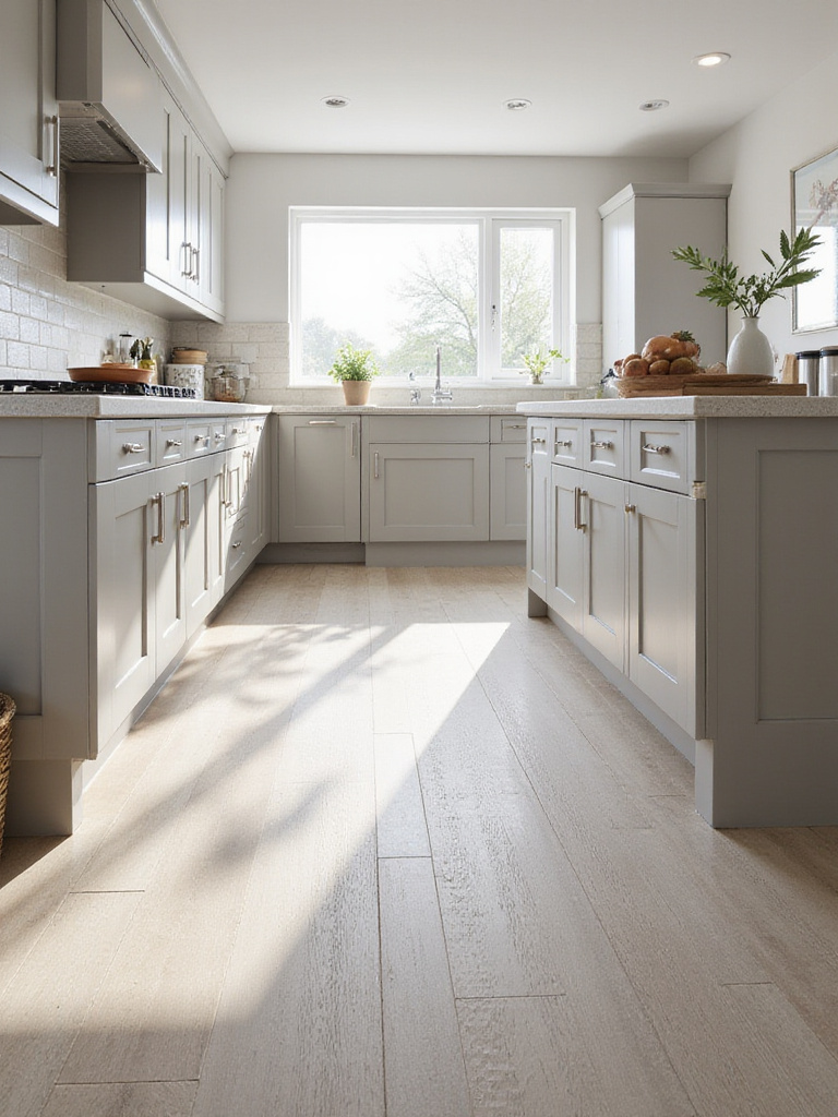 Modern kitchen with light gray cabinets and durable, easy-to-clean porcelain tile flooring.
