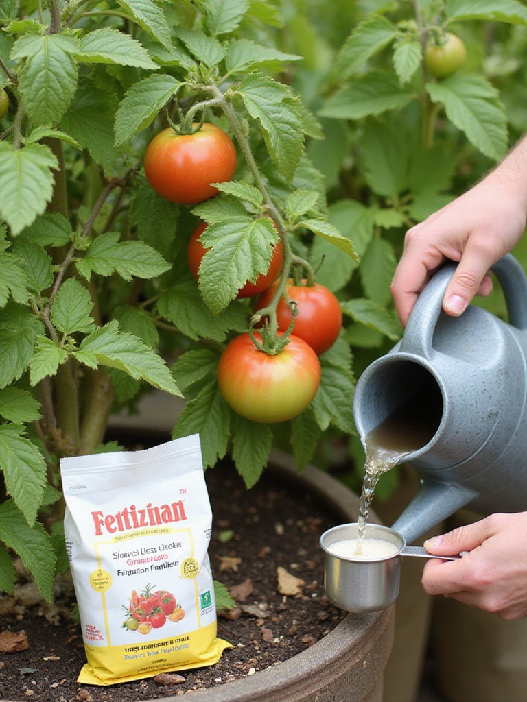 Providing essential nutrients to container vegetables through regular feeding with liquid fertilizer, promoting vigorous growth and abundant harvests.