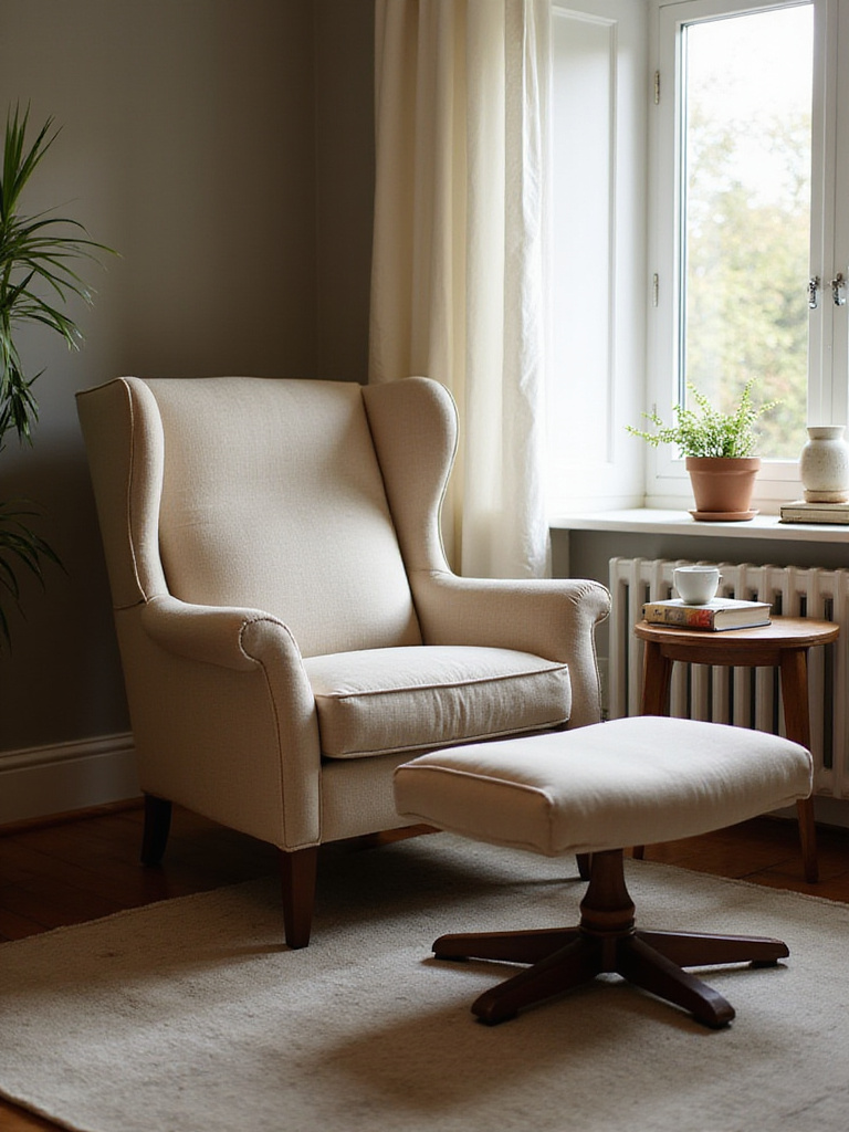 Stylish armchair with a matching footstool in a cozy, well-lit living room, illustrating comfortable seating and decor.
