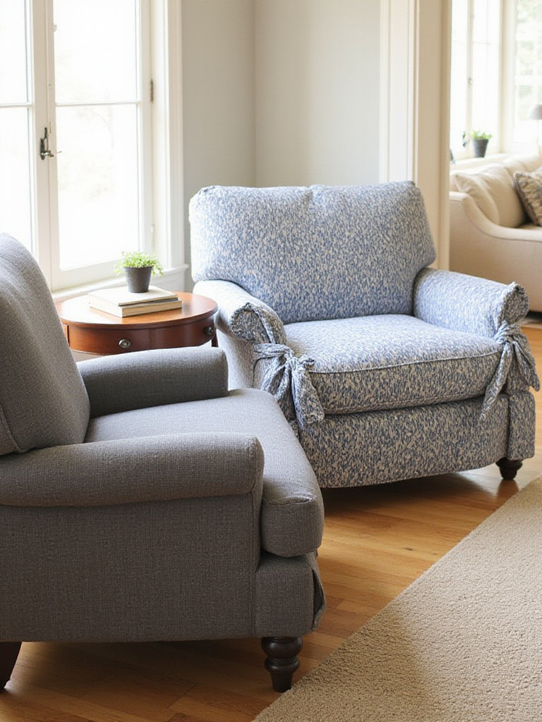 Living room scene with two armchairs featuring stylish slipcovers - one grey fitted, one blue patterned relaxed fit - showcasing how slipcovers can instantly change furniture decor.
