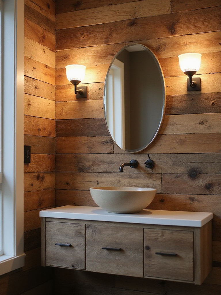 Rustic bathroom with reclaimed wood accent wall and modern vanity