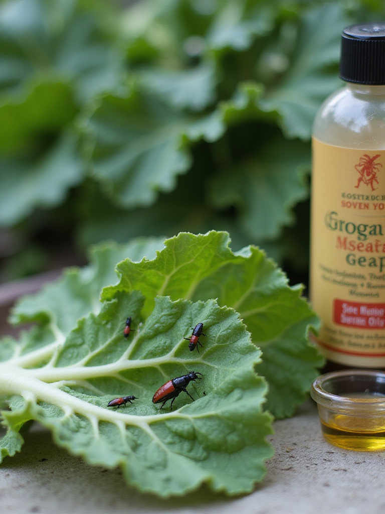 Recognizing common pests like aphids on a vegetable leaf and having organic solutions like insecticidal soap and neem oil ready for treatment.