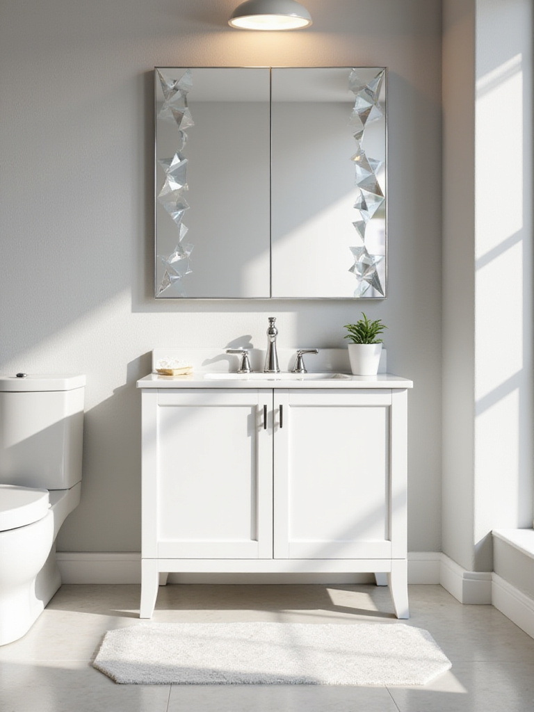 Modern bathroom vanity cabinet decorated with small geometric mirrors reflecting light, making the space appear brighter and larger.