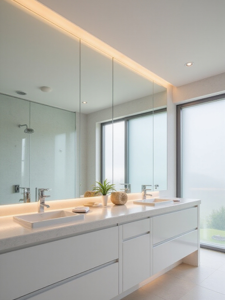 Modern bathroom with a large frameless mirror over a double vanity reflecting natural light, making the space appear bright and spacious.