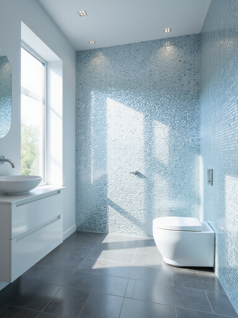 Modern bathroom featuring a wall covered in iridescent blue and silver reflective glass mosaic tiles that brighten the space by bouncing light.