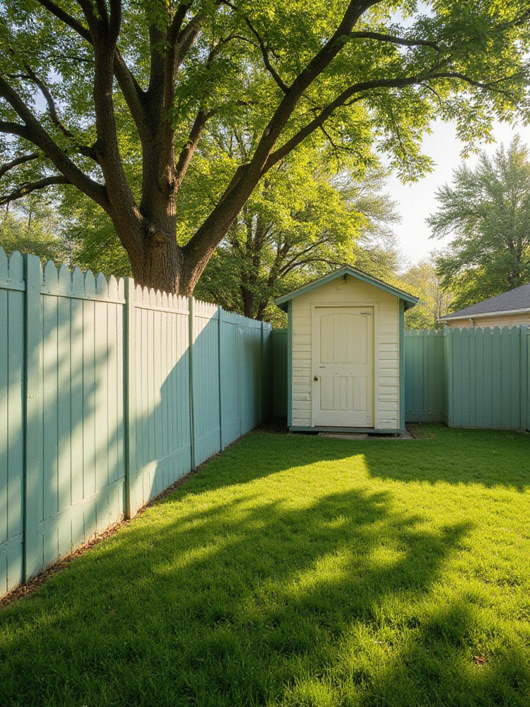 Backyard with a freshly painted sage green fence and cream-colored shed.