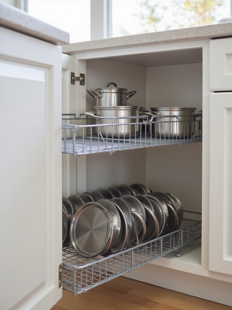 Kitchen base cabinet with grey wire pull-out shelves extended, showing organized pots and lids for easy access.
