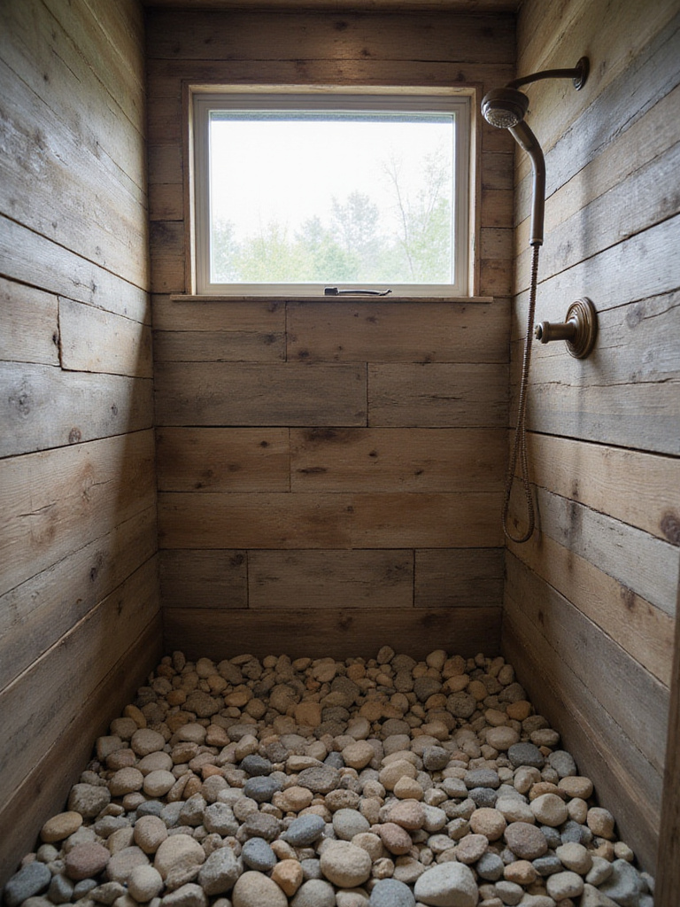 Rustic shower with river rock floor and weathered wood walls