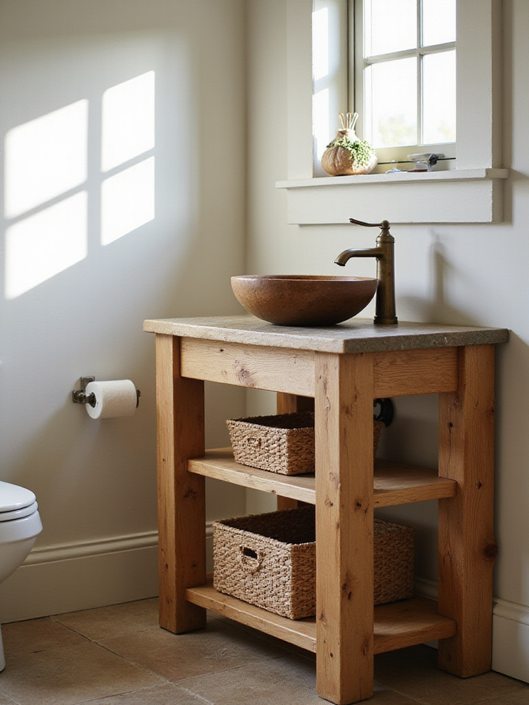 Rustic bathroom featuring a rough-hewn wood vanity with a vessel sink.