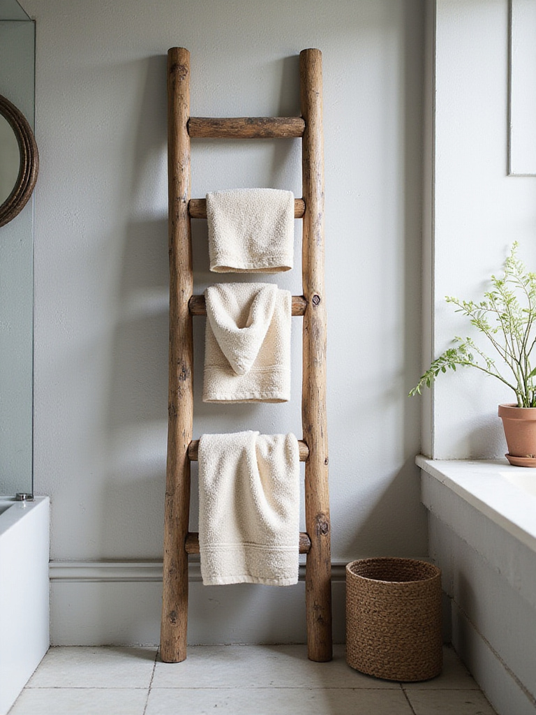 Rustic bathroom featuring a reclaimed wood towel ladder with neatly folded towels.