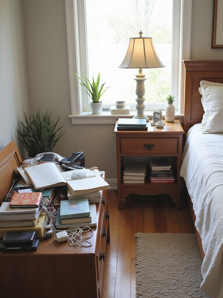 Before and after of a decluttered bedroom nightstand showing the calming effect of organization.