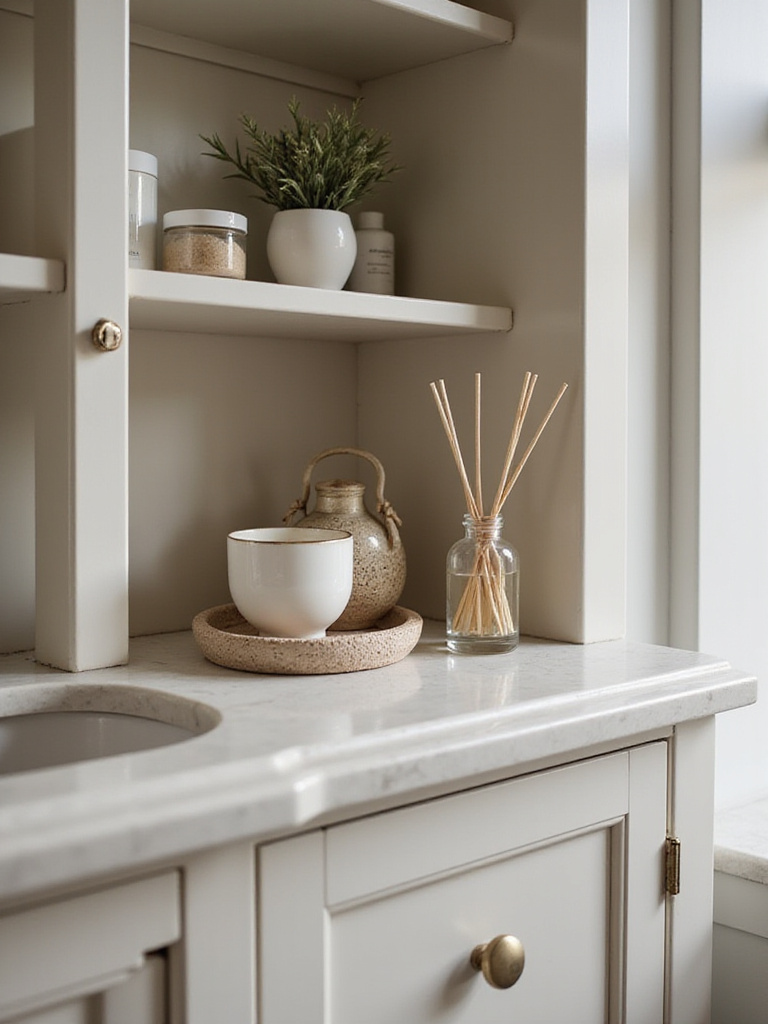 A decorative reed diffuser and a stylish scented candle placed on a tray on a bathroom cabinet, adding scent and decor to the space.