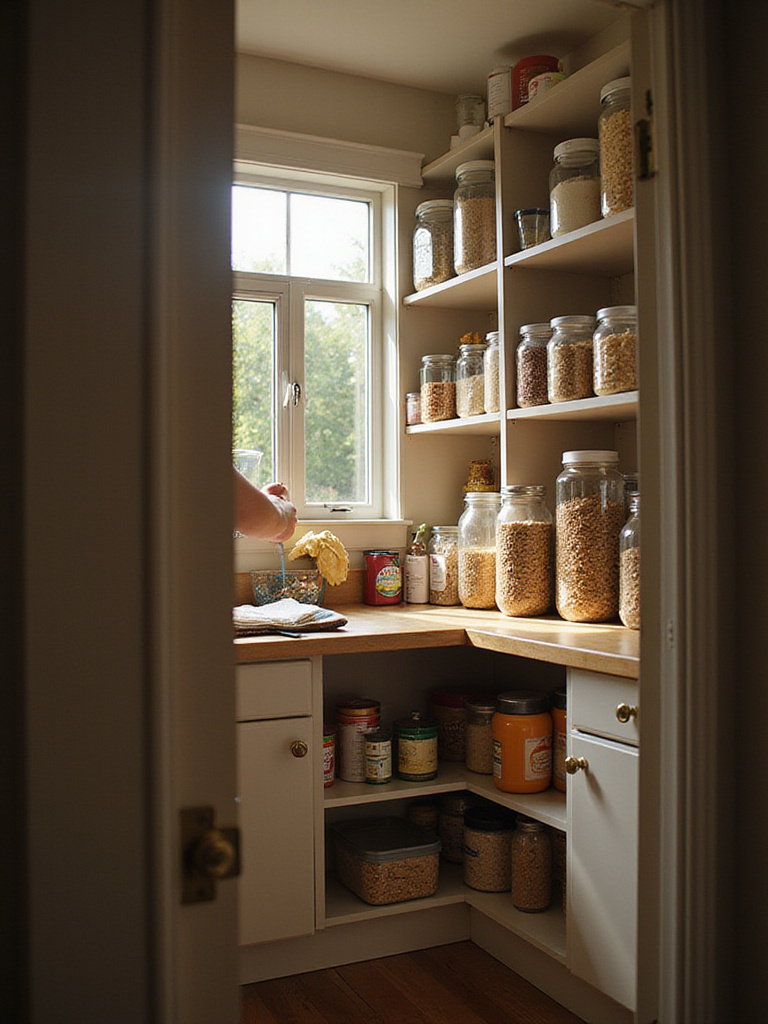A clean, well-organized kitchen pantry with sunlight streaming in, showing shelves of food items and a hand performing maintenance tasks.