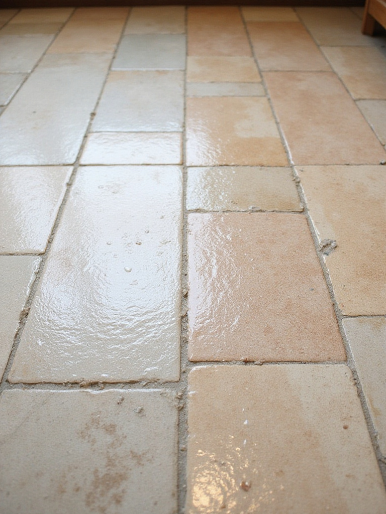 Sealed and unsealed natural stone kitchen floor, showing the benefits of sealing to protect against stains and water damage.