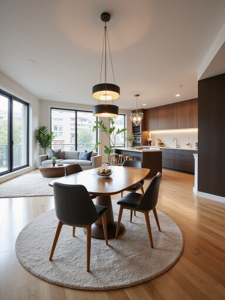 Modern open-plan living space with a dining area defined by a rug and pendant light, flowing seamlessly into a living room and kitchen.