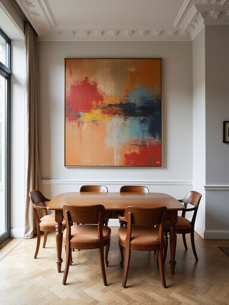 Elegant dining room featuring a large, vibrant abstract painting centered above the dining table, serving as the room's main focal point.