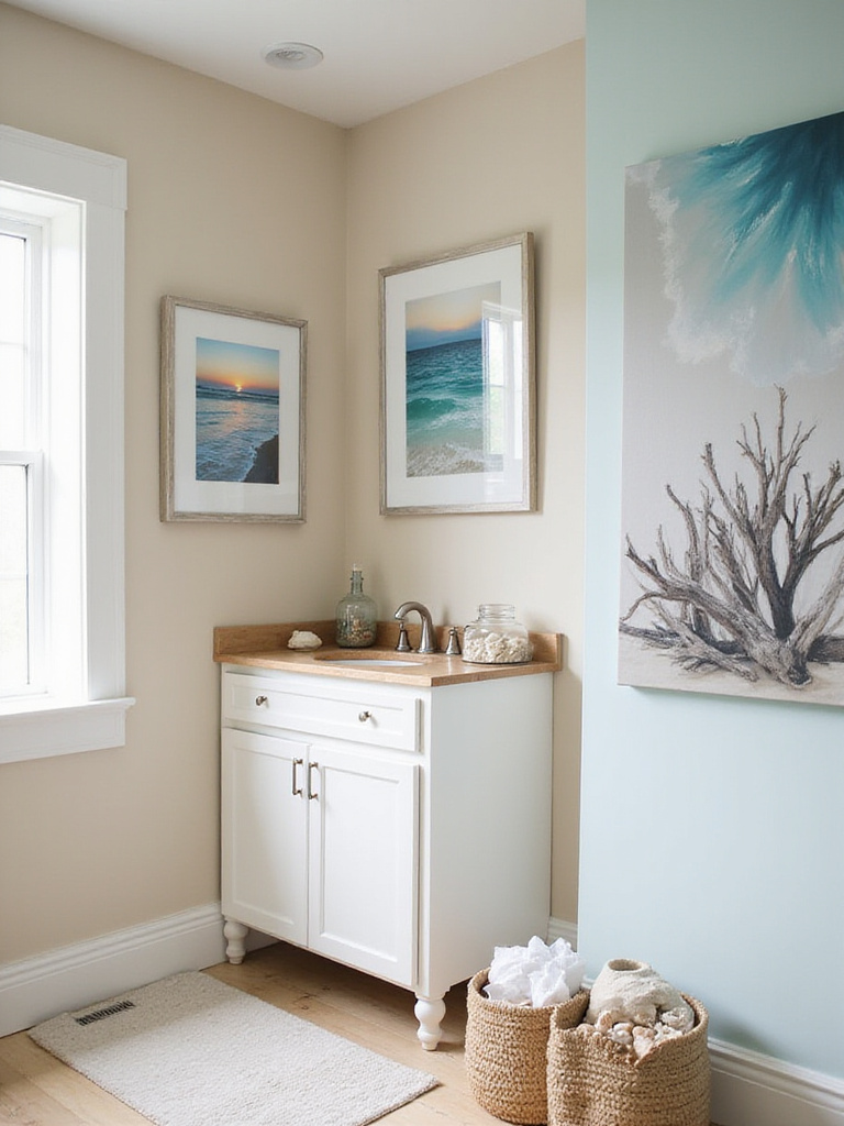 Coastal bathroom with beach photo and abstract ocean art above the vanity, and driftwood canvas art on another wall, featuring a sandy beige color palette and natural light.