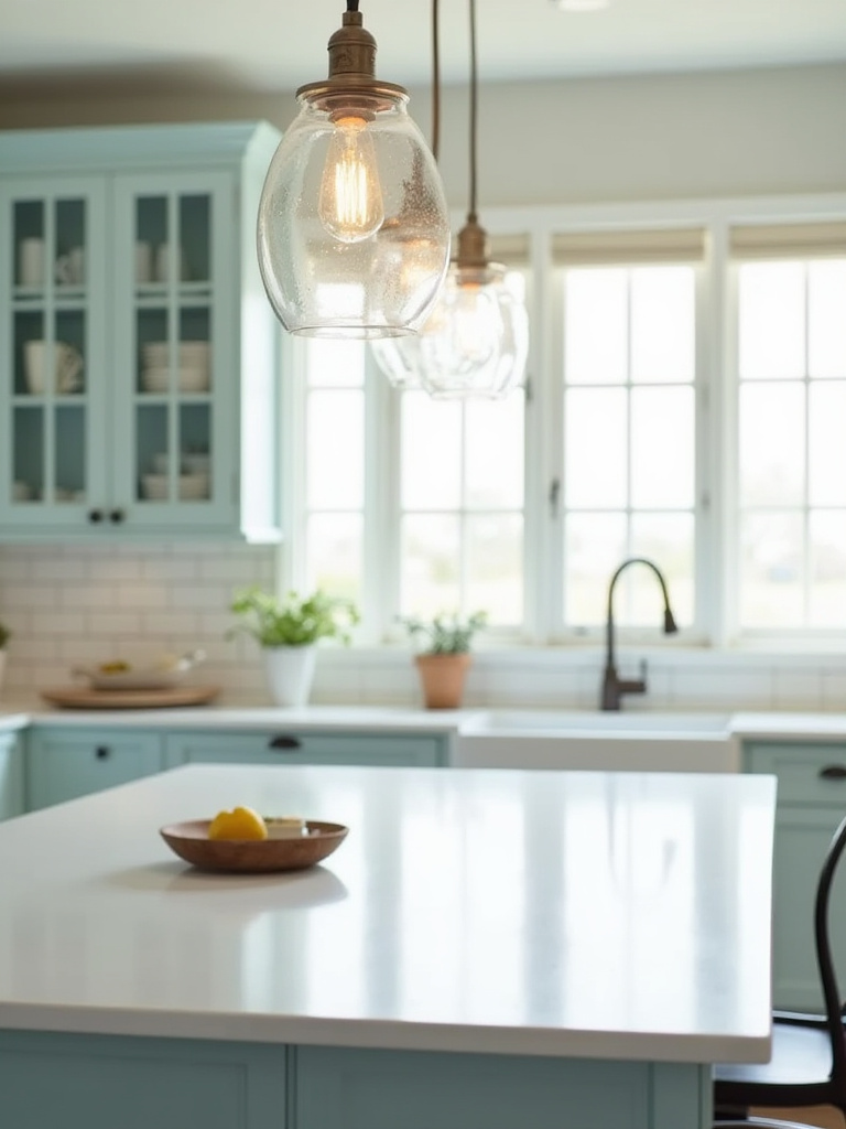 Clear seeded glass pendant lights hanging over a white kitchen island in a bright coastal kitchen with blue-grey cabinets.