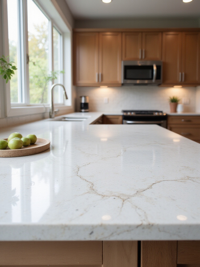 Elegant kitchen with durable quartz countertops and natural lighting
