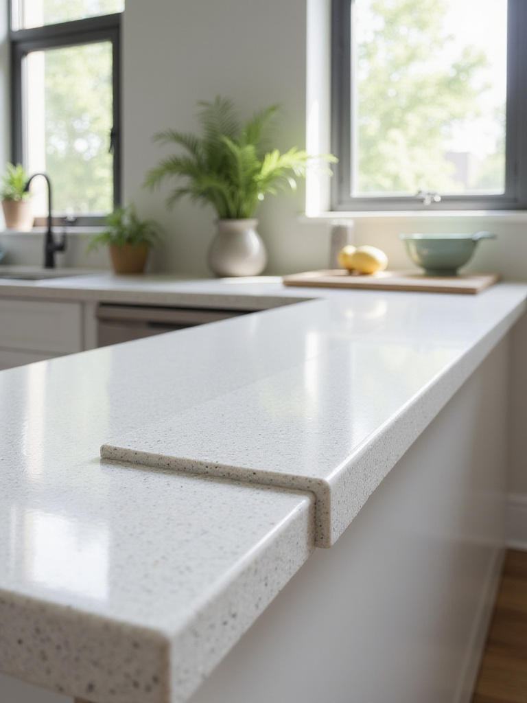 Close-up view of a durable, stylish quartz kitchen countertop with natural light highlighting its texture.