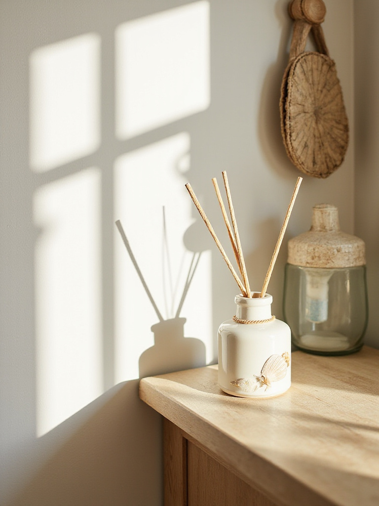 Coastal-scented candle or diffuser on a shelf in a bright, serene coastal bathroom.