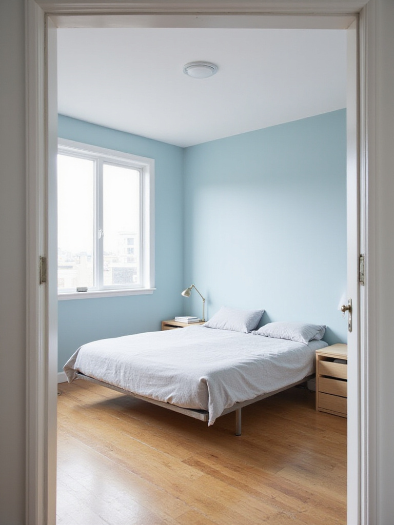 Small bedroom with slim-profile furniture maximizing space.