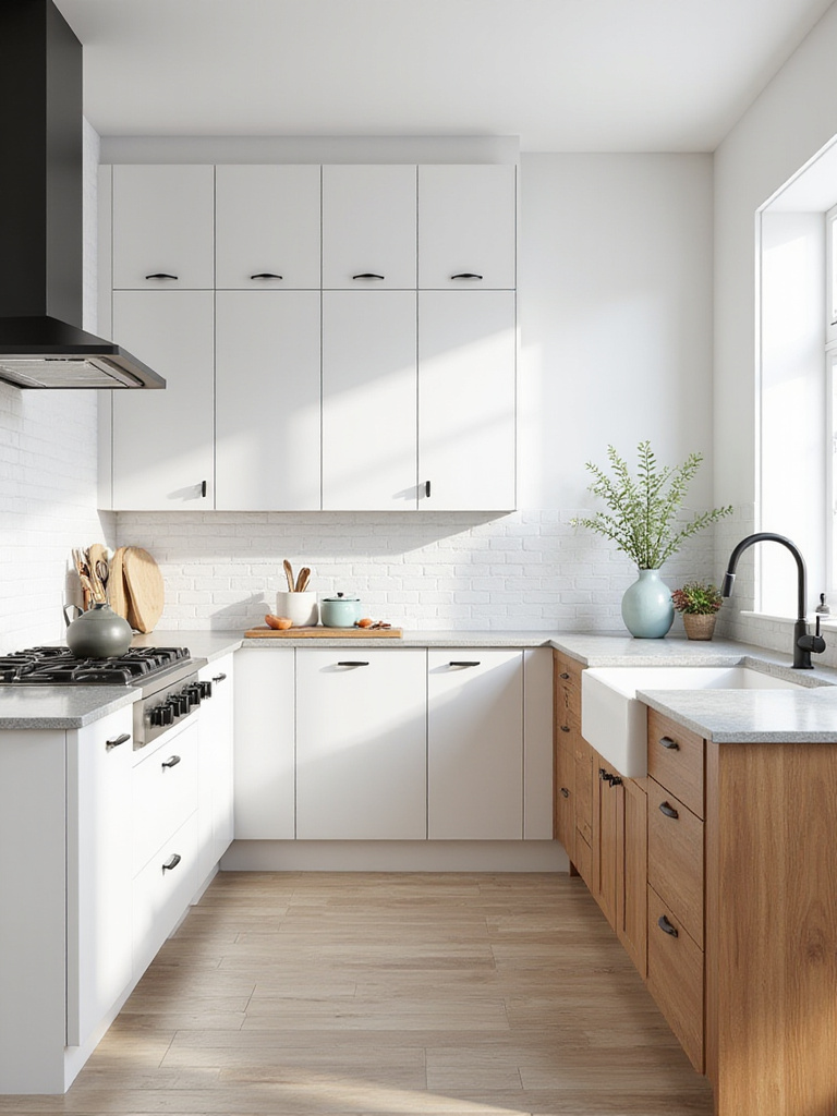 Modern kitchen with cohesive white, wood, and gray color palette, matte black hardware, and natural light.
