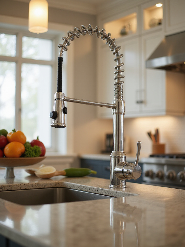 Modern kitchen faucet with pull-down sprayer above a farmhouse sink, showcasing functionality and style.