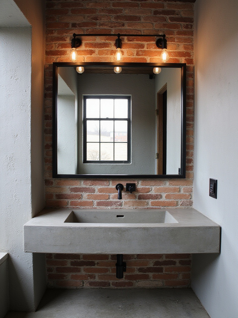 Large industrial style mirror above concrete sink in modern bathroom