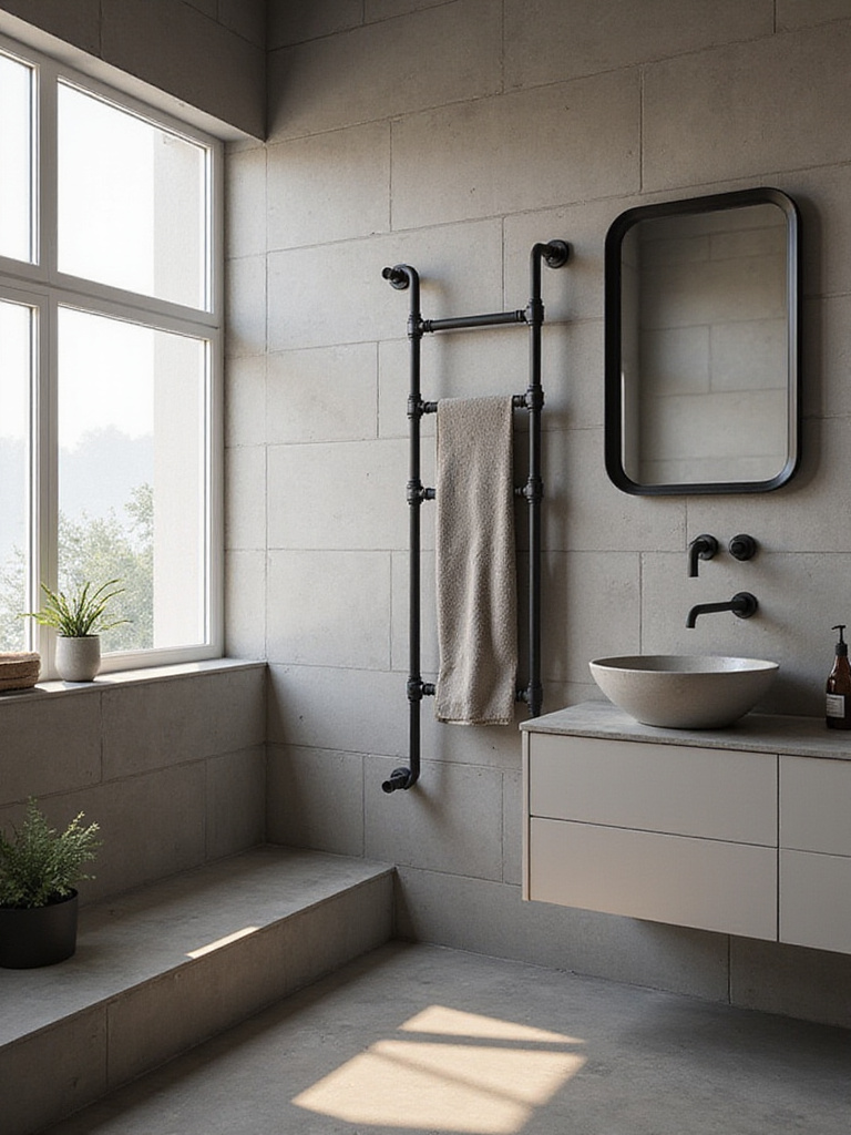 Industrial bathroom featuring a matte black ladder-style towel warmer.