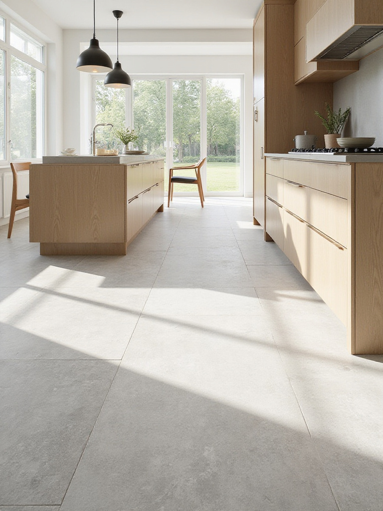 Modern kitchen with light gray herringbone porcelain tile flooring