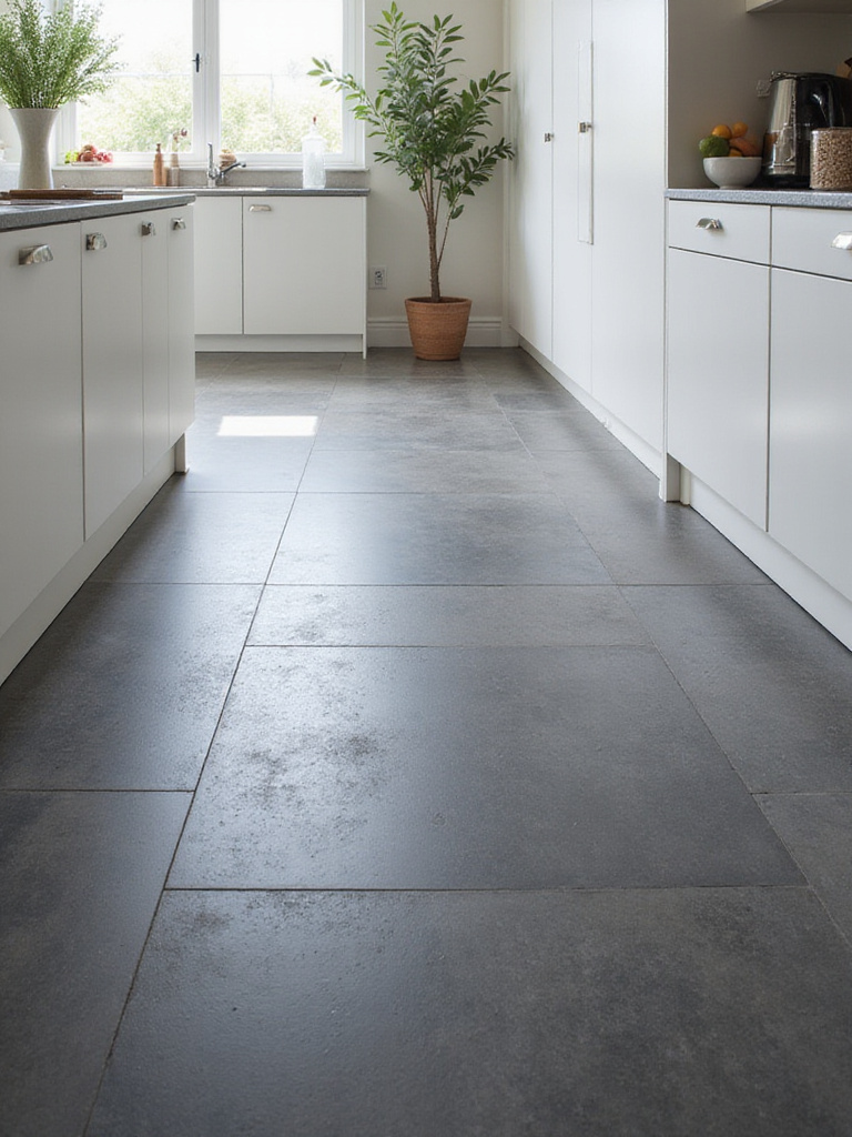 Durable dark gray porcelain tile floor in a modern kitchen, designed to withstand heavy foot traffic and daily wear.
