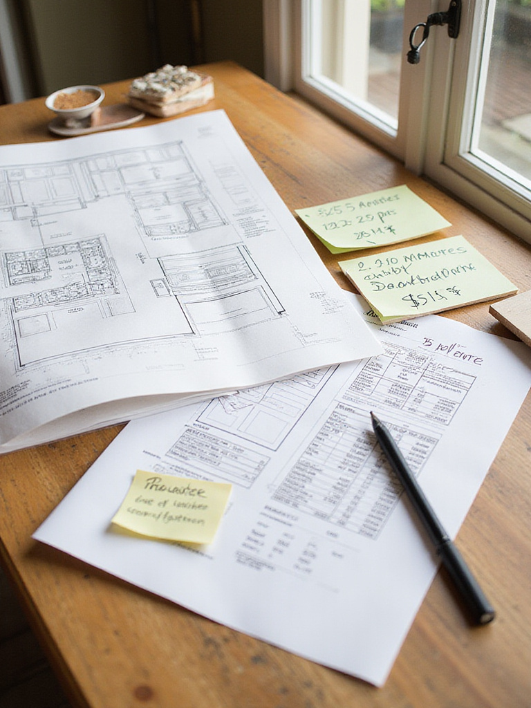 Kitchen renovation budget planning with blueprints, material samples, and cost breakdowns on a table.