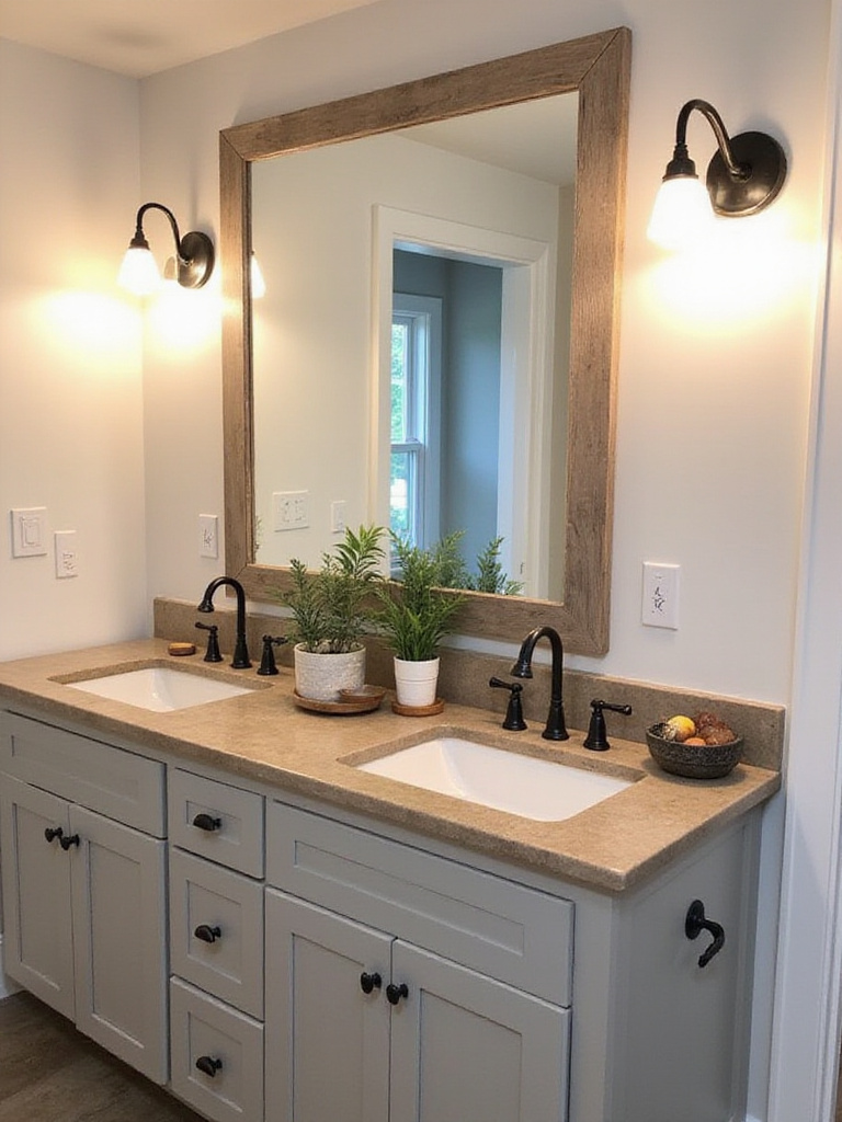 Farmhouse bathroom with vintage-inspired barn lights and sconces illuminating a wide vanity.