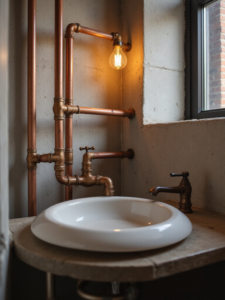 Industrial bathroom design featuring exposed copper pipes leading to a vintage sink.