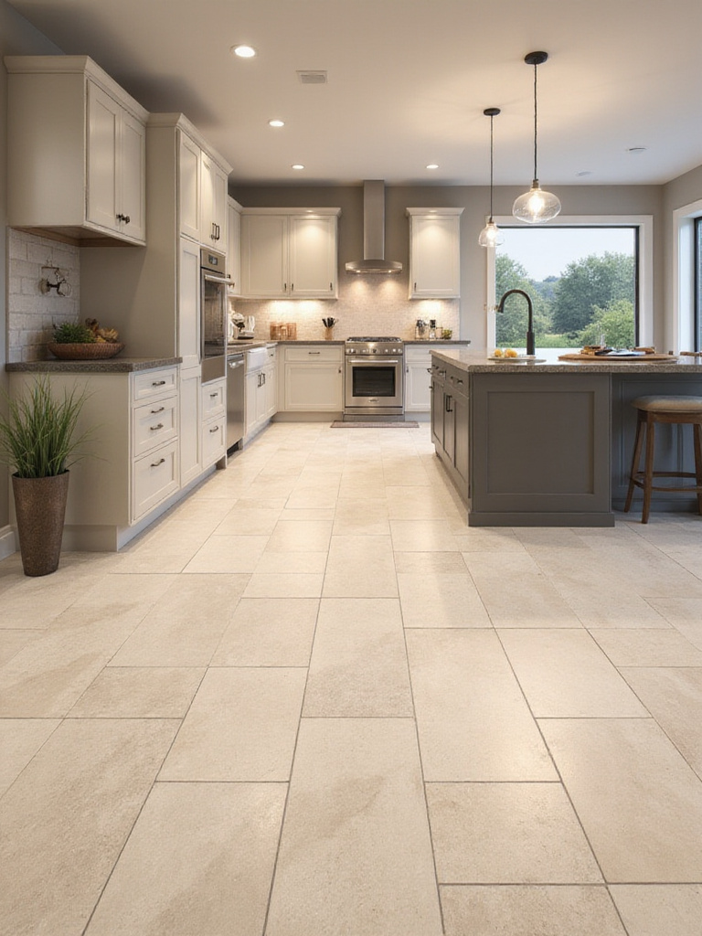 Modern kitchen with large format beige floor tiles creating a spacious feel