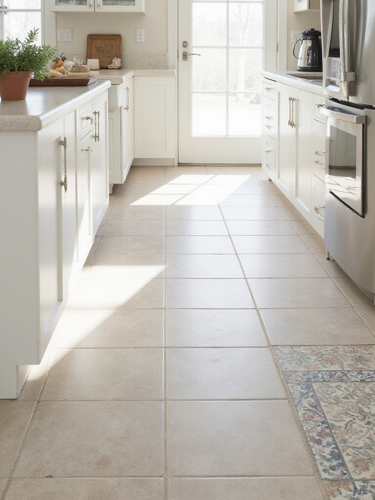 Kitchen floor showcasing affordable ceramic tile alongside decorative accent tile.