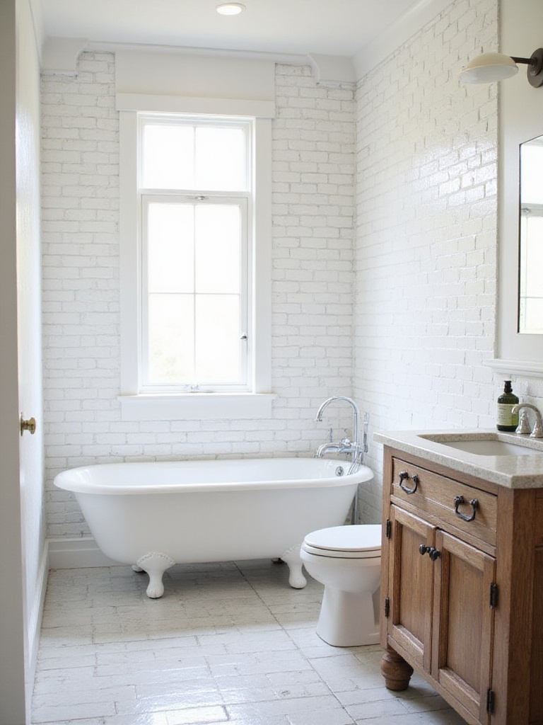Serene farmhouse bathroom with soft white matte finish subway tiles covering the shower walls, featuring a clawfoot tub and rustic wood vanity.