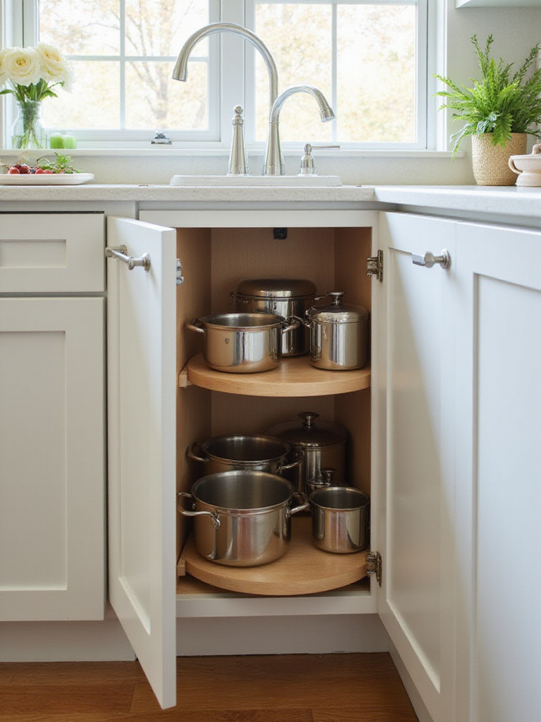 Open corner kitchen base cabinet showing a rotating kidney-shaped lazy susan filled with pots and pans.
