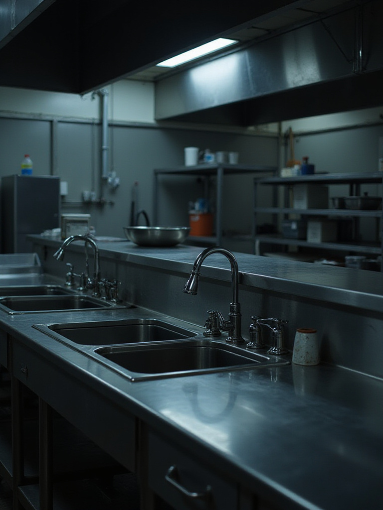 Large stainless steel industrial kitchen sinks with heavy-duty faucets in a dimly lit commercial kitchen environment, illustrating the need for sound dampening.