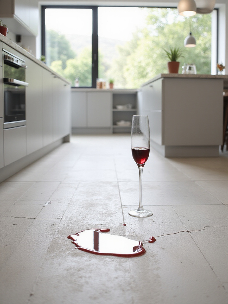 Wine spilled on a water-resistant porcelain tile kitchen floor.