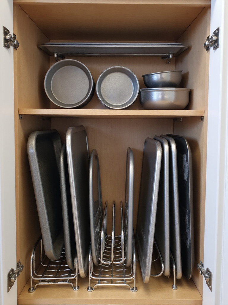 Organized kitchen cabinet with vertical dividers storing baking sheets, muffin tins, and cooling racks on their sides to maximize space and accessibility.