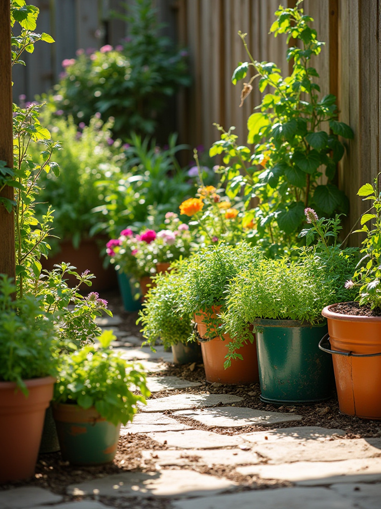Collection of colorful container gardens on a backyard patio